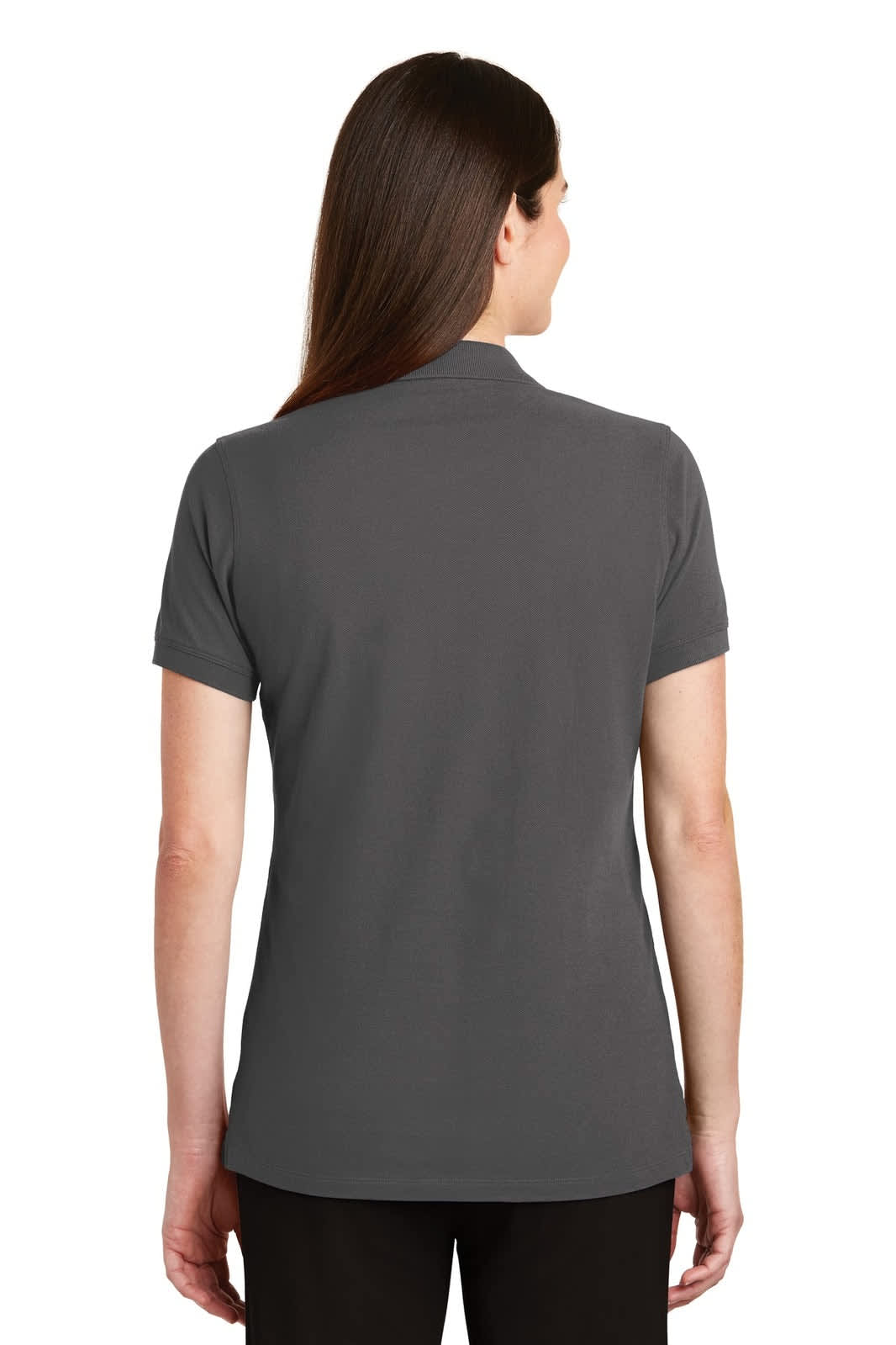 A grey women's polo shirt with short sleeves, featuring a collar and a logo on the back.