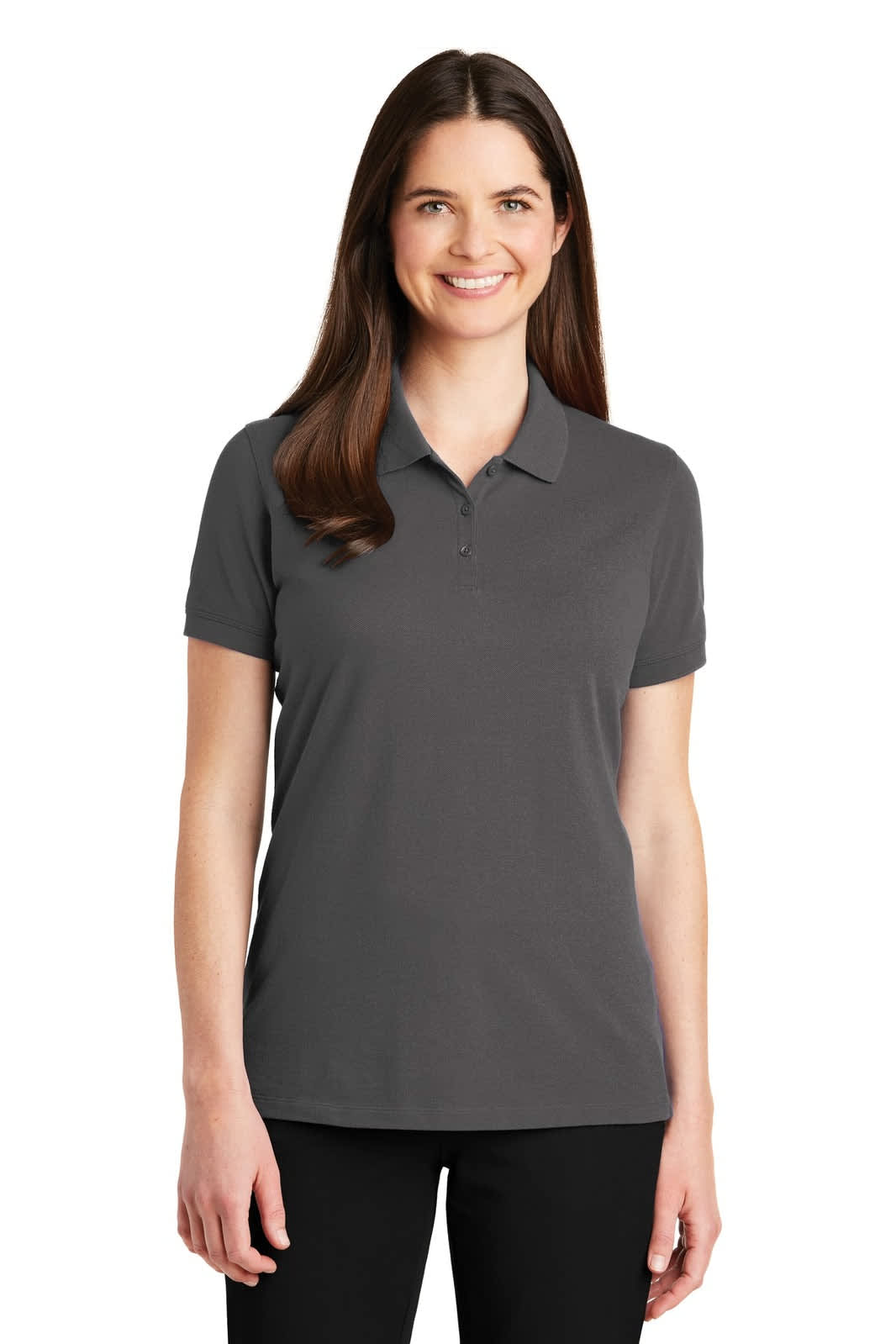 A grey polo shirt for women featuring a classic collar and a fitted design. Includes a logo on the chest.