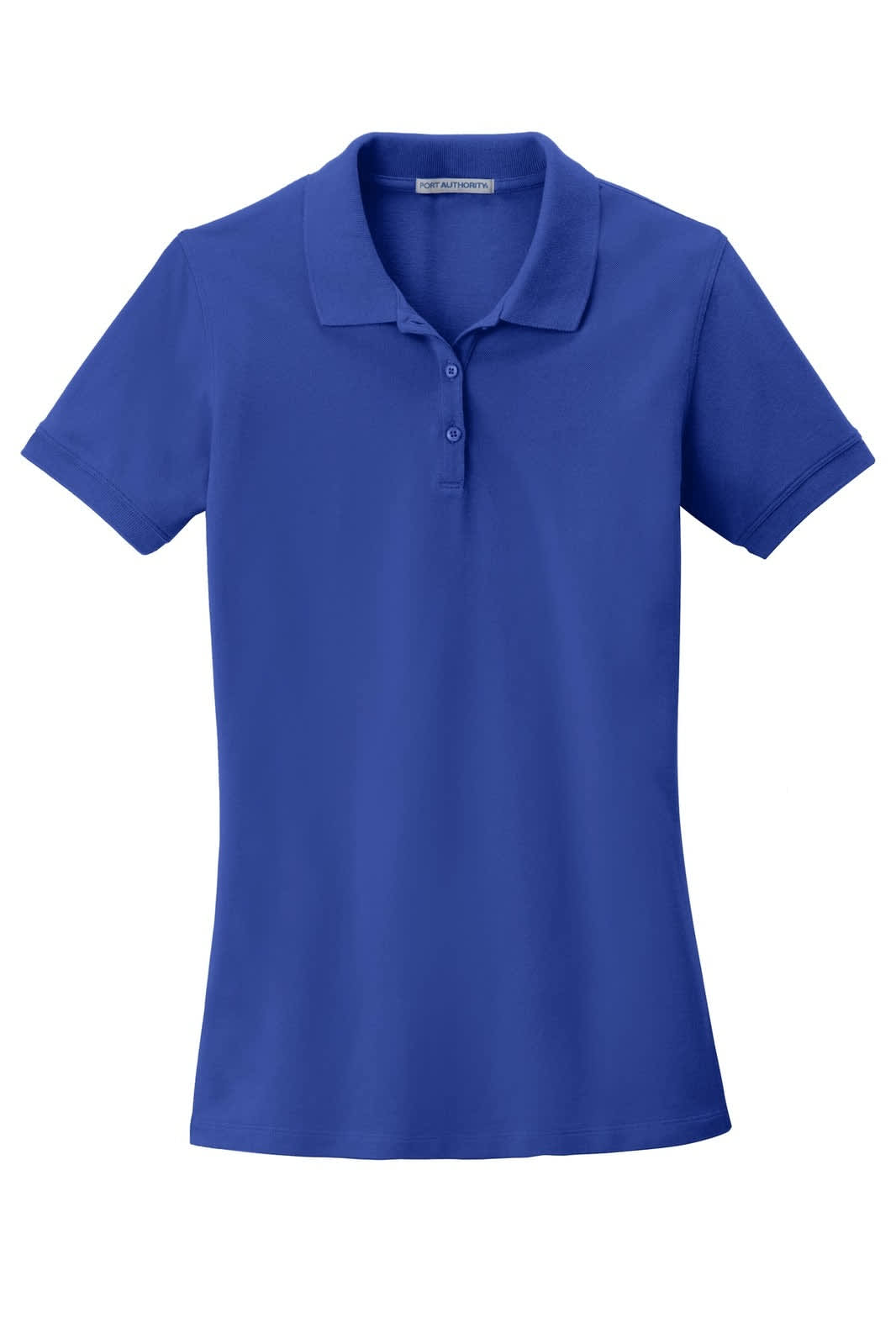 A blue ladies' polo shirt with a collar and short sleeves, featuring a logo.