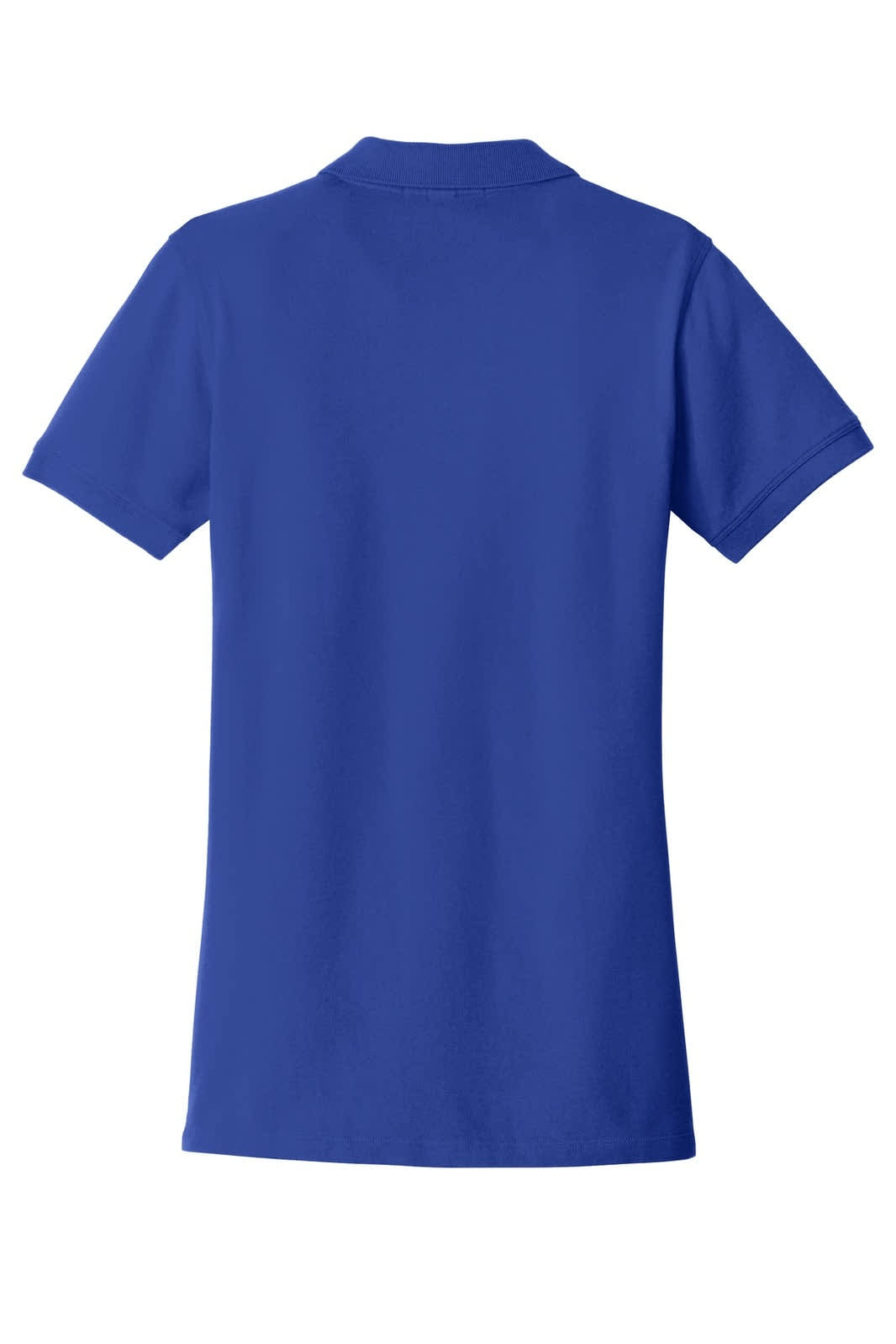A solid blue ladies' polo shirt with a classic collar and short sleeves, featuring a logo.