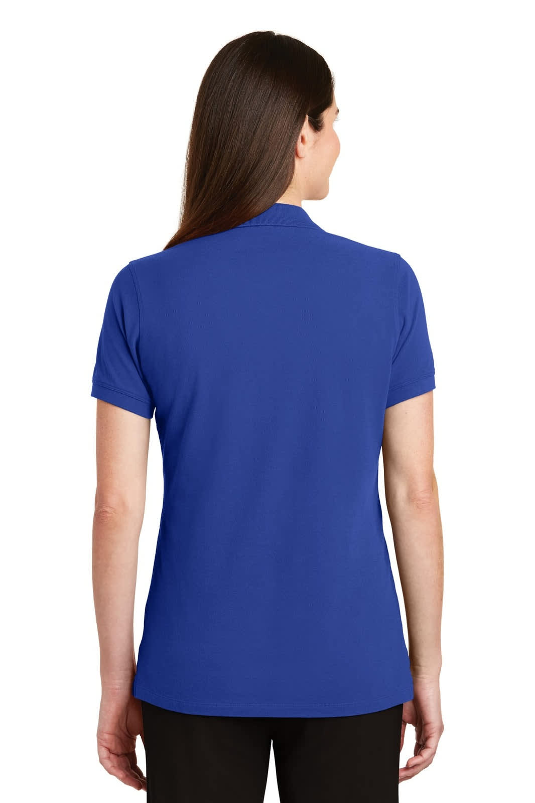A ladies' polo shirt in vibrant blue with a back view, featuring a collar and short sleeves. It has a logo.