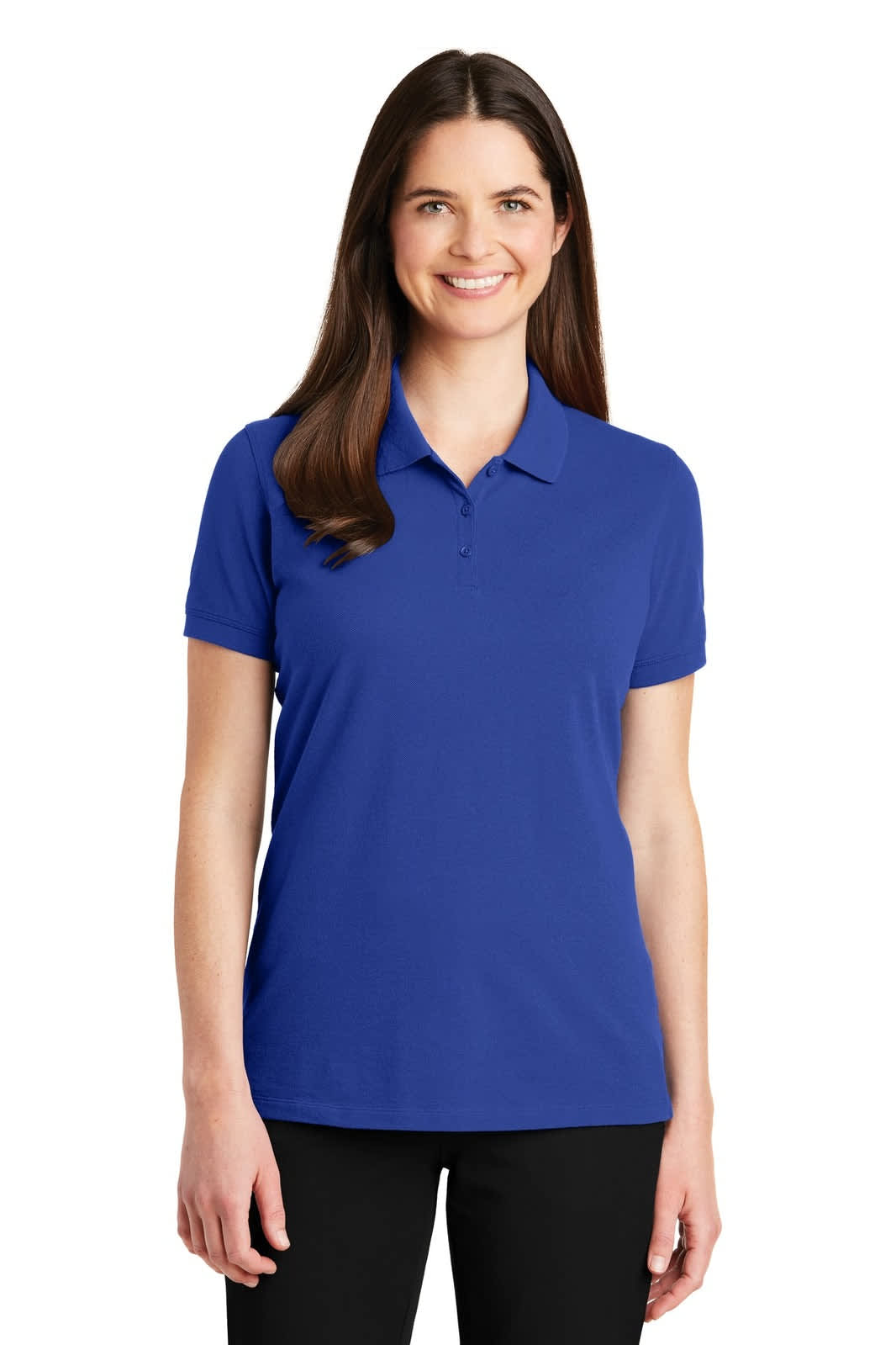 A woman is wearing a short-sleeved, bright blue polo shirt with a collar, featuring a logo on the chest.