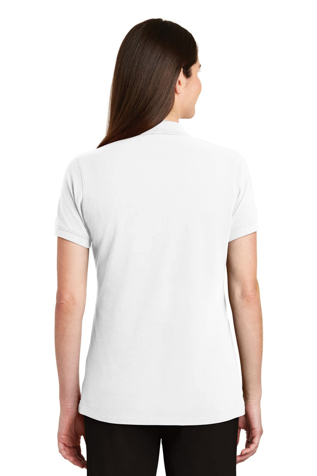 A white ladies' polo shirt featuring a back view and a logo. Short sleeves and a classic collar design.