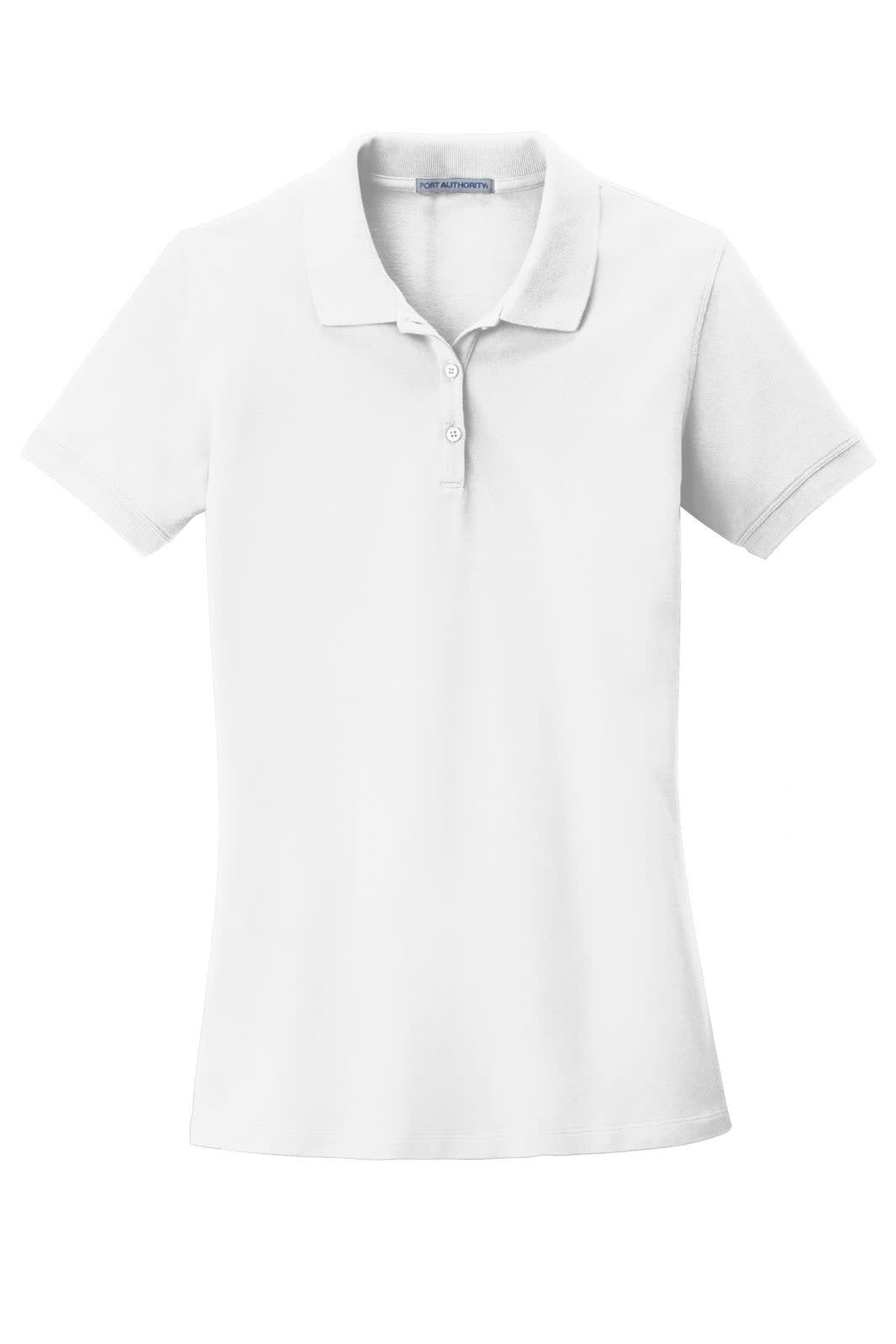 A white ladies' polo shirt with a classic collar and short sleeves, featuring a logo.