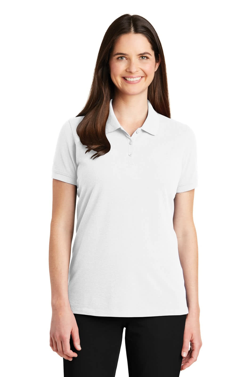 A woman wearing a light grey polo shirt, featuring a collar and short sleeves, with a logo on the chest.
