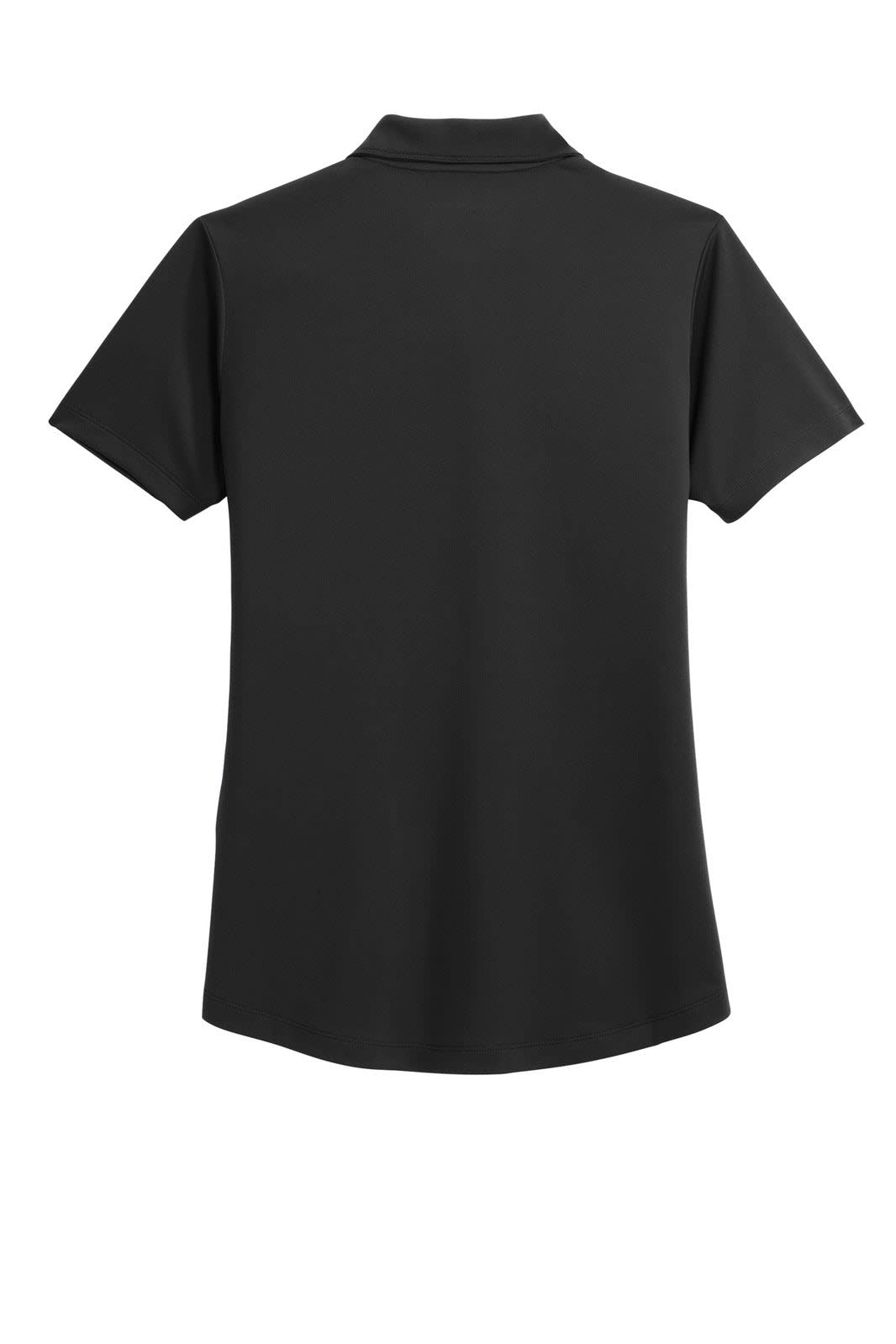 A black polo shirt with a soft texture and short sleeves, featuring a collar and a logo on the back.