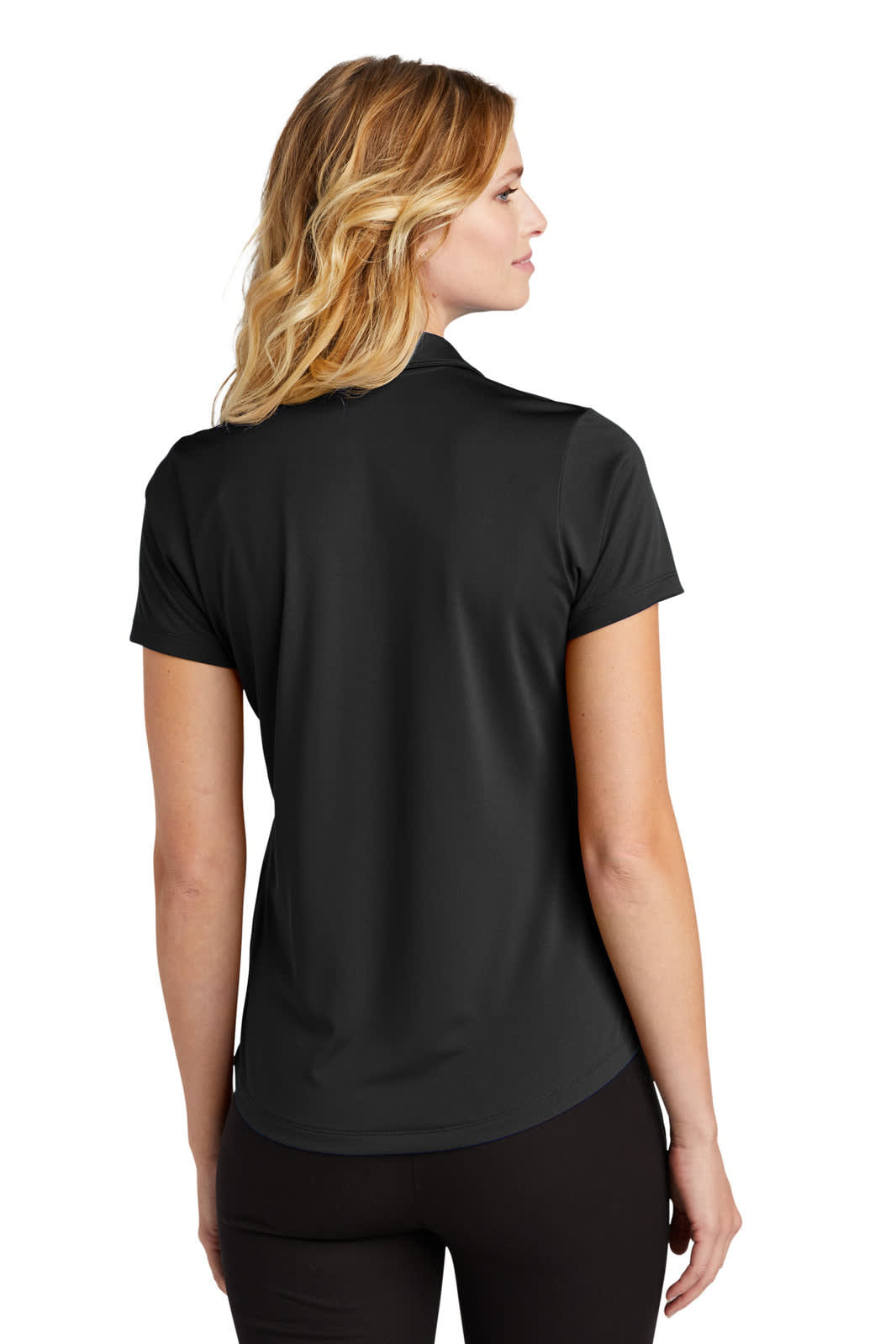 A back view of a black polo shirt designed for women, featuring a smooth and snag-proof fabric.