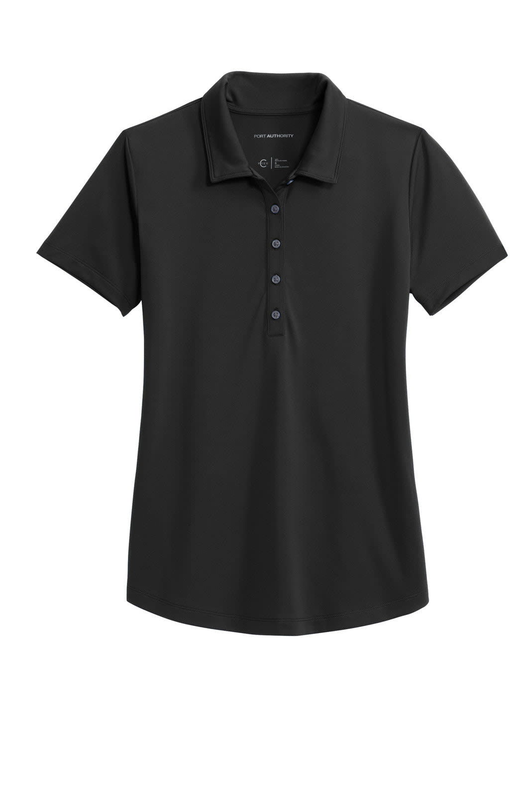 A black women's polo shirt with a collar, short sleeves, and a button placket, featuring a logo.