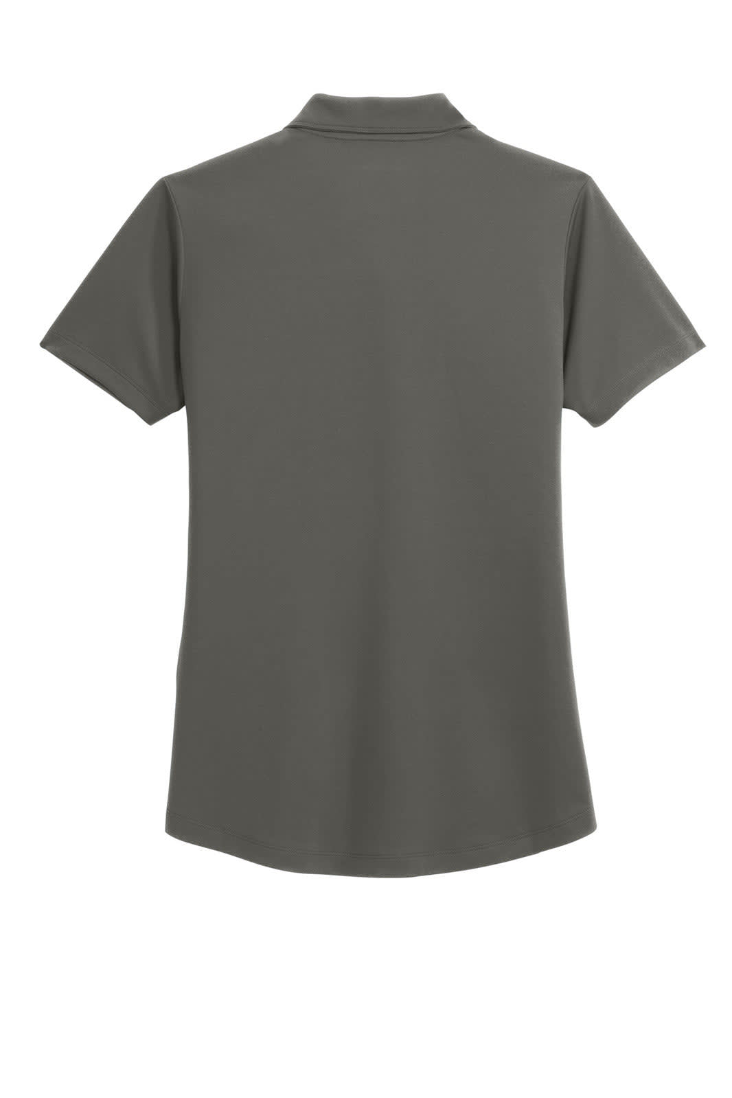 A grey polo shirt with a classic collar and short sleeves, featuring a branding logo.