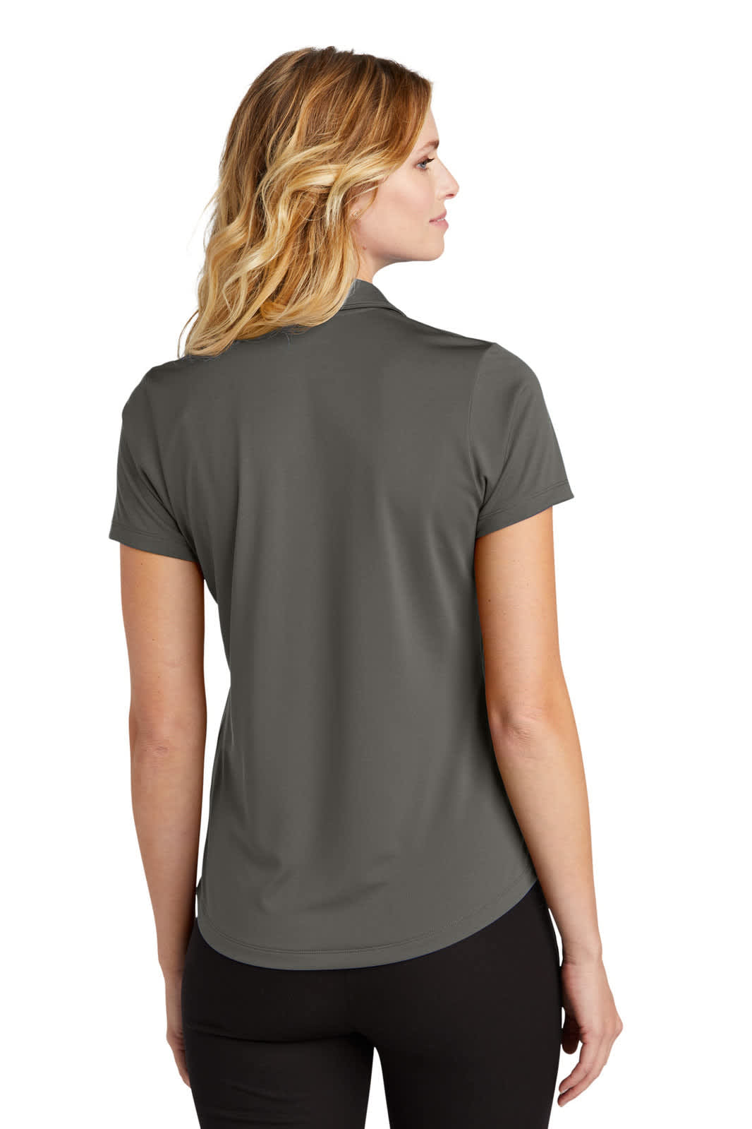 A grey ladies polo shirt with a short sleeve design and a fitted silhouette, featuring a branding logo.