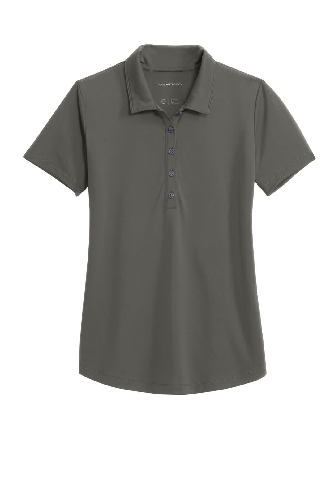 A dark grey ladies' polo shirt with a collar and a buttoned placket, featuring a logo.