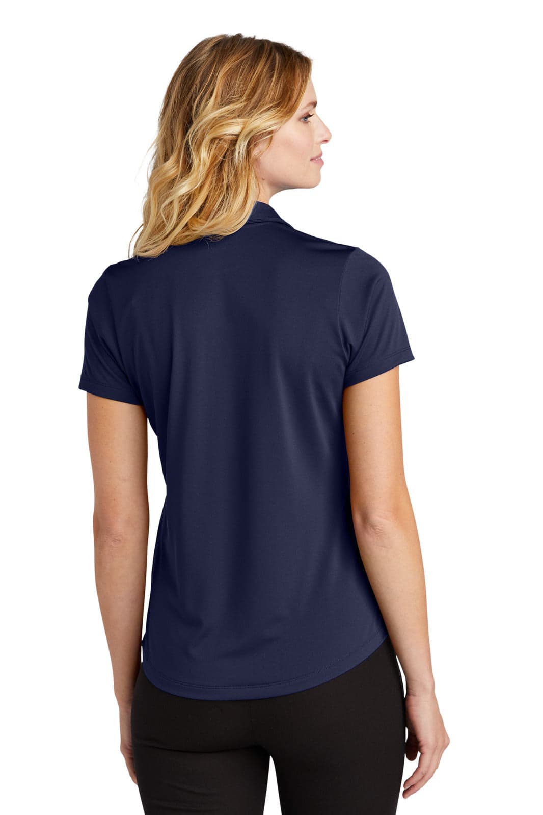 A navy blue ladies polo shirt with a short sleeve design, featuring a back view. It has a logo on the upper back.