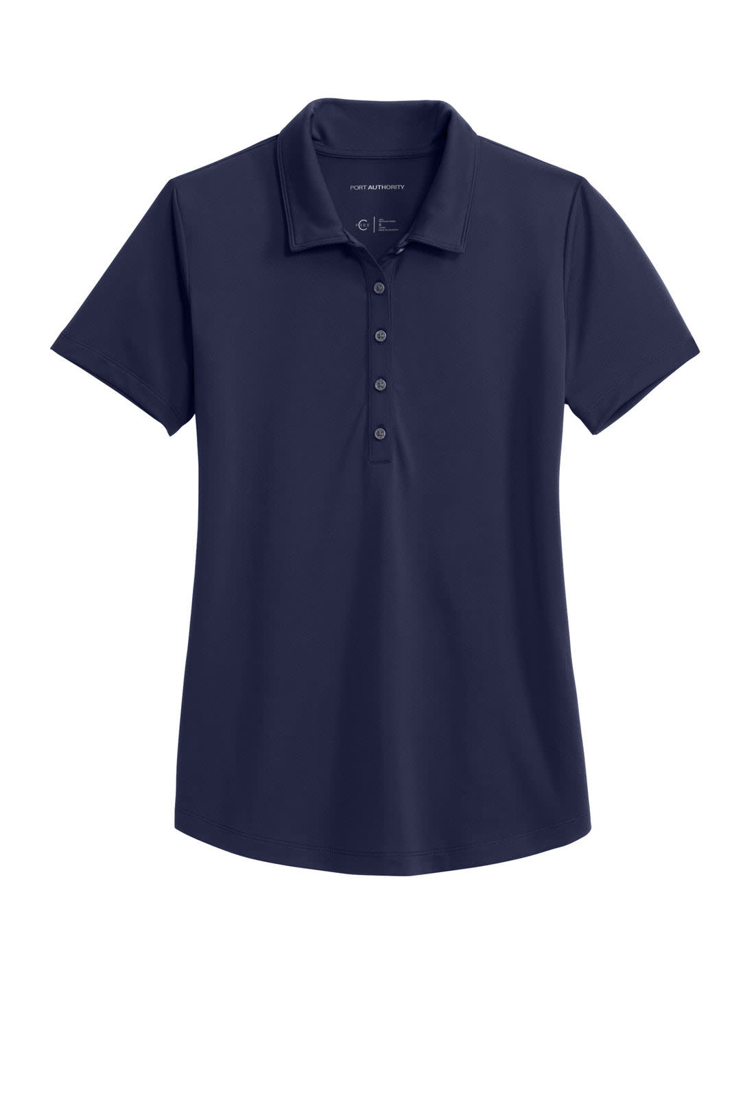 A navy blue ladies' polo shirt with a collared neckline and a button placket, featuring a logo. Snag-proof design.