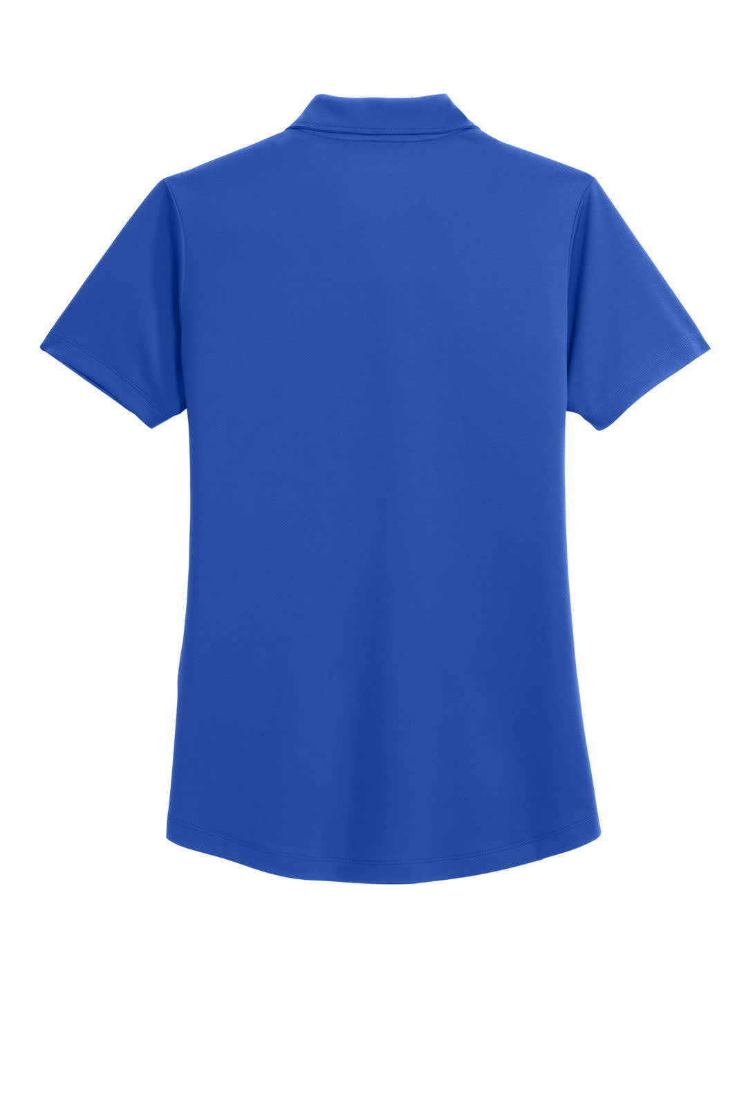 A blue polo shirt with short sleeves, featuring a collar and a logo on the back.