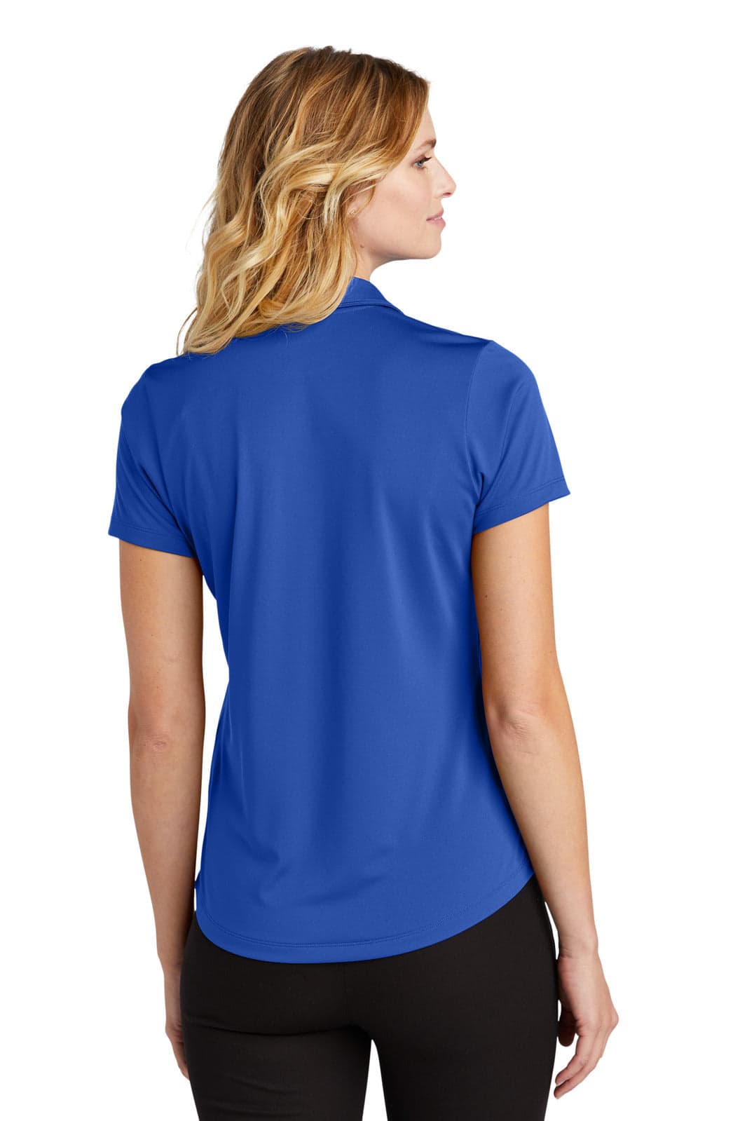 A blue women's polo shirt in a fitted style, featuring a slight sheen and a logo on the back.