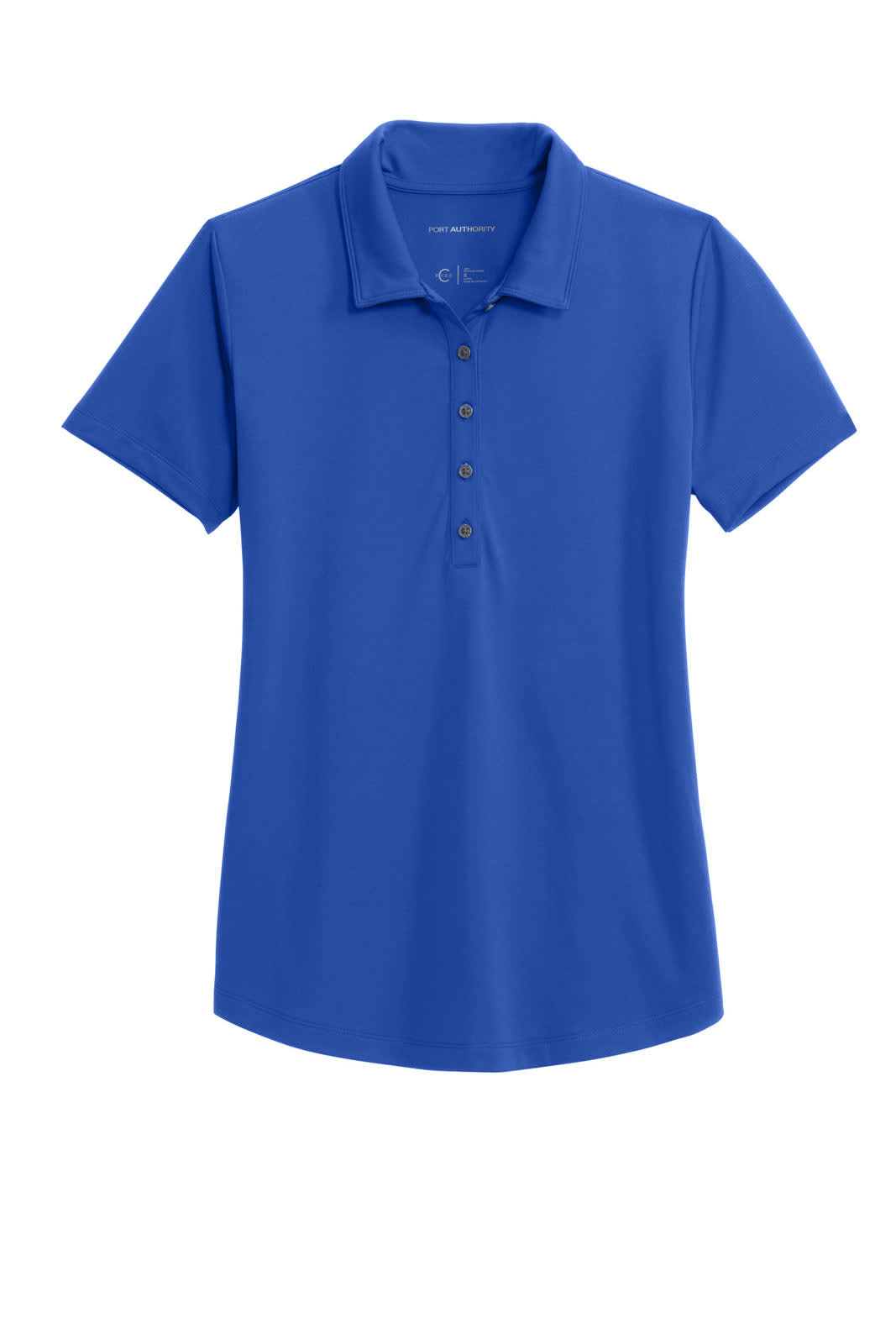 A blue ladies polo shirt with a collar, short sleeves, and button-up placket. Features a logo on the fabric.