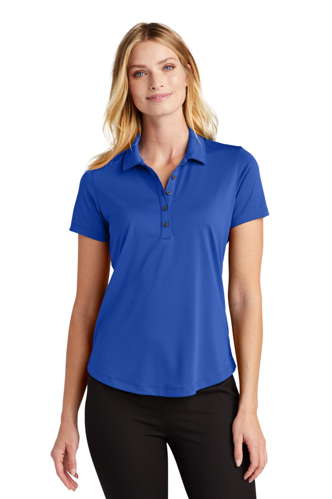 A blue polo shirt with a buttoned collar and a fitted design, featuring a logo. Suitable for women's wear.