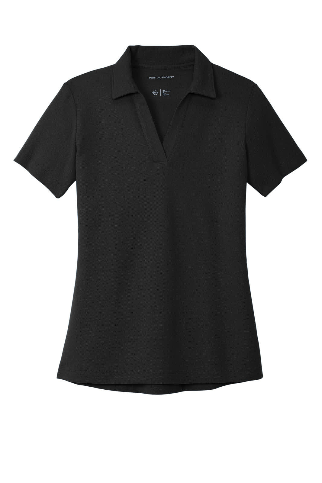 A black ladies' polo shirt with a short sleeve and a collar, featuring a logo on the design.
