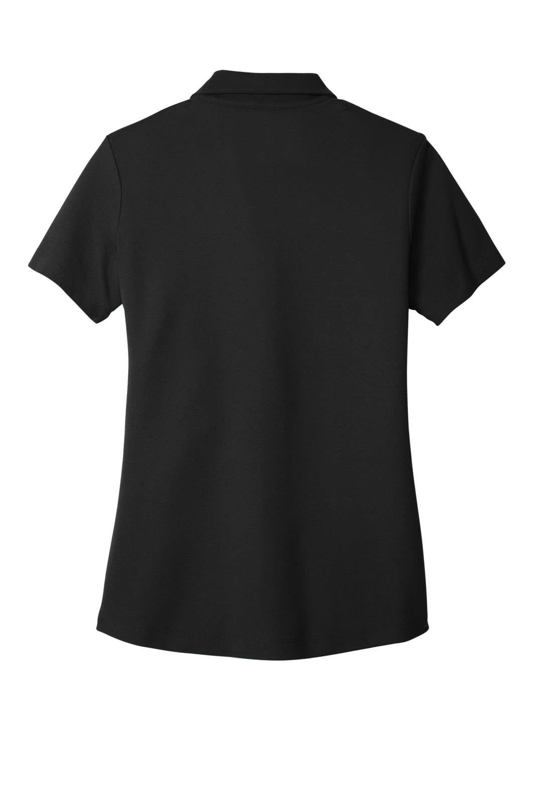 A black polo shirt with short sleeves, featuring a standard collar and a brand logo.