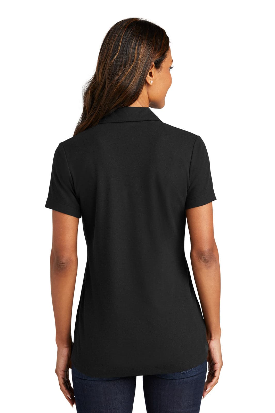 A black ladies' pique polo shirt featuring a collar and short sleeves, with a logo on the back.