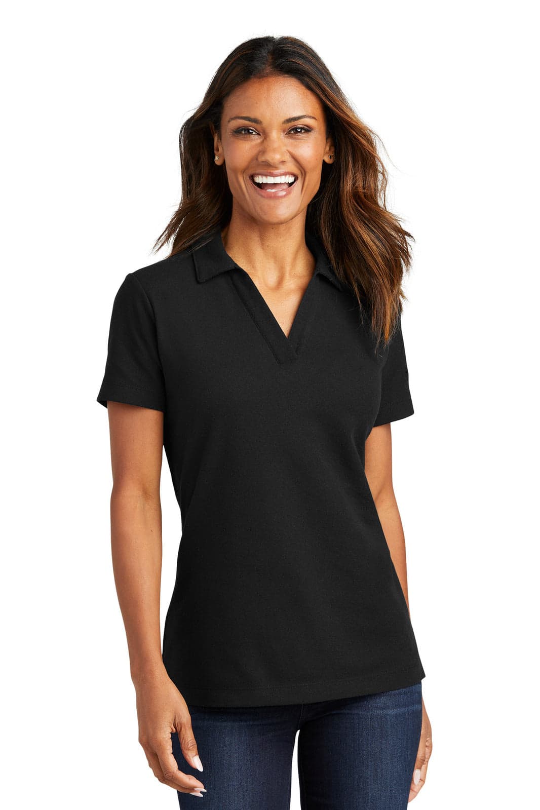A black ladies' polo shirt made from a cotton blend, featuring a classic collar and short sleeves.