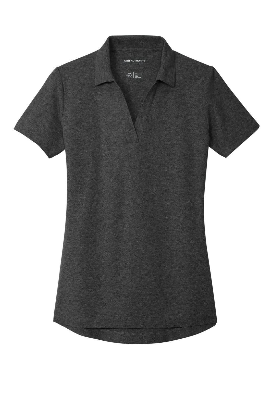 A charcoal grey ladies' polo shirt with a collar and short sleeves, featuring a logo.
