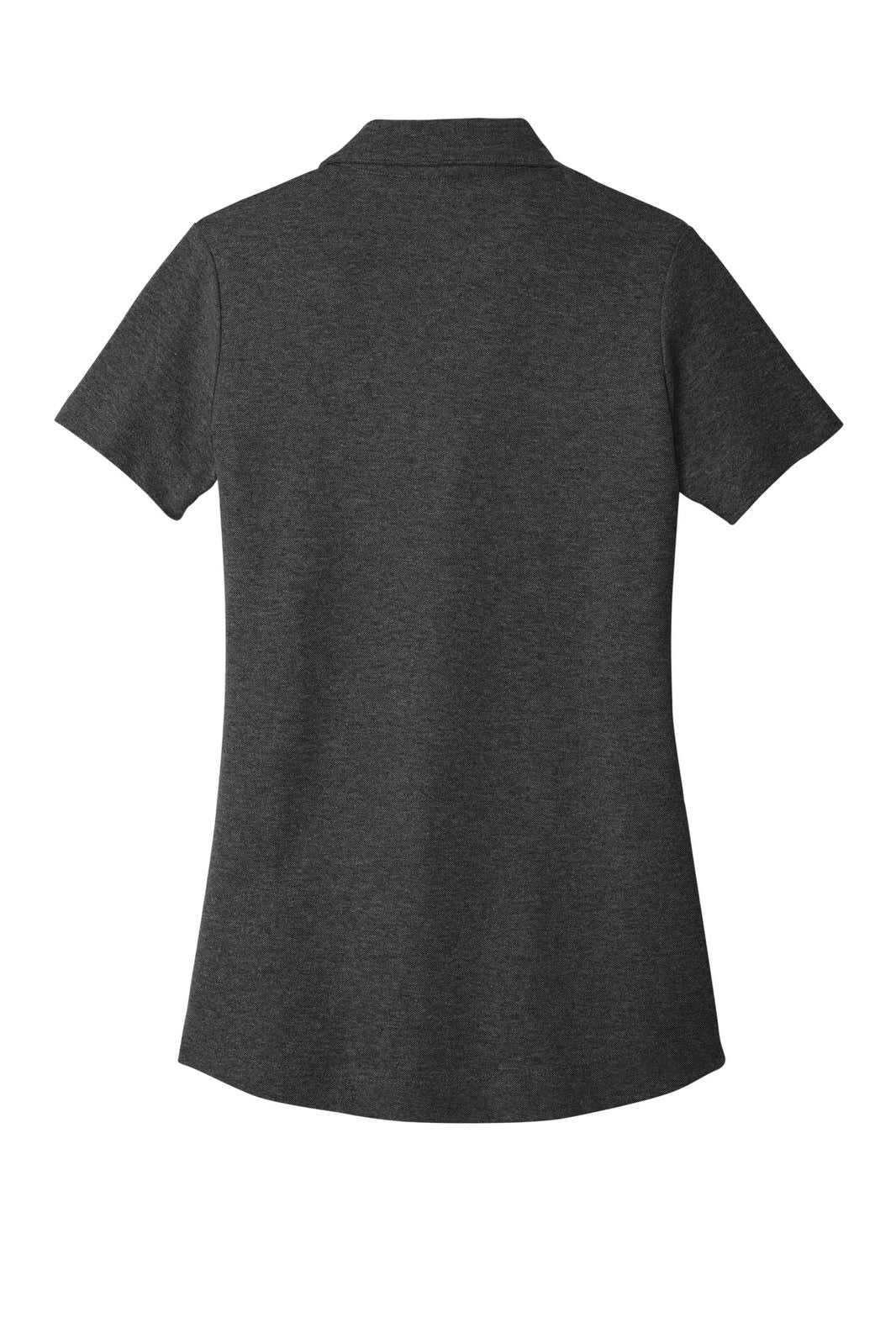 A dark grey ladies polo shirt with a classic pique texture, featuring a collar and short sleeves.
