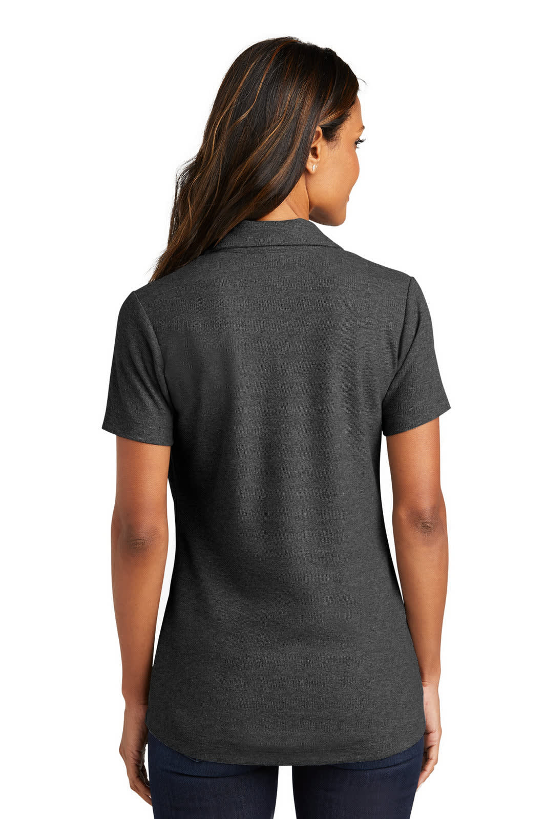 A grey ladies' short-sleeve polo shirt with a back view, featuring a simple collar and a logo.