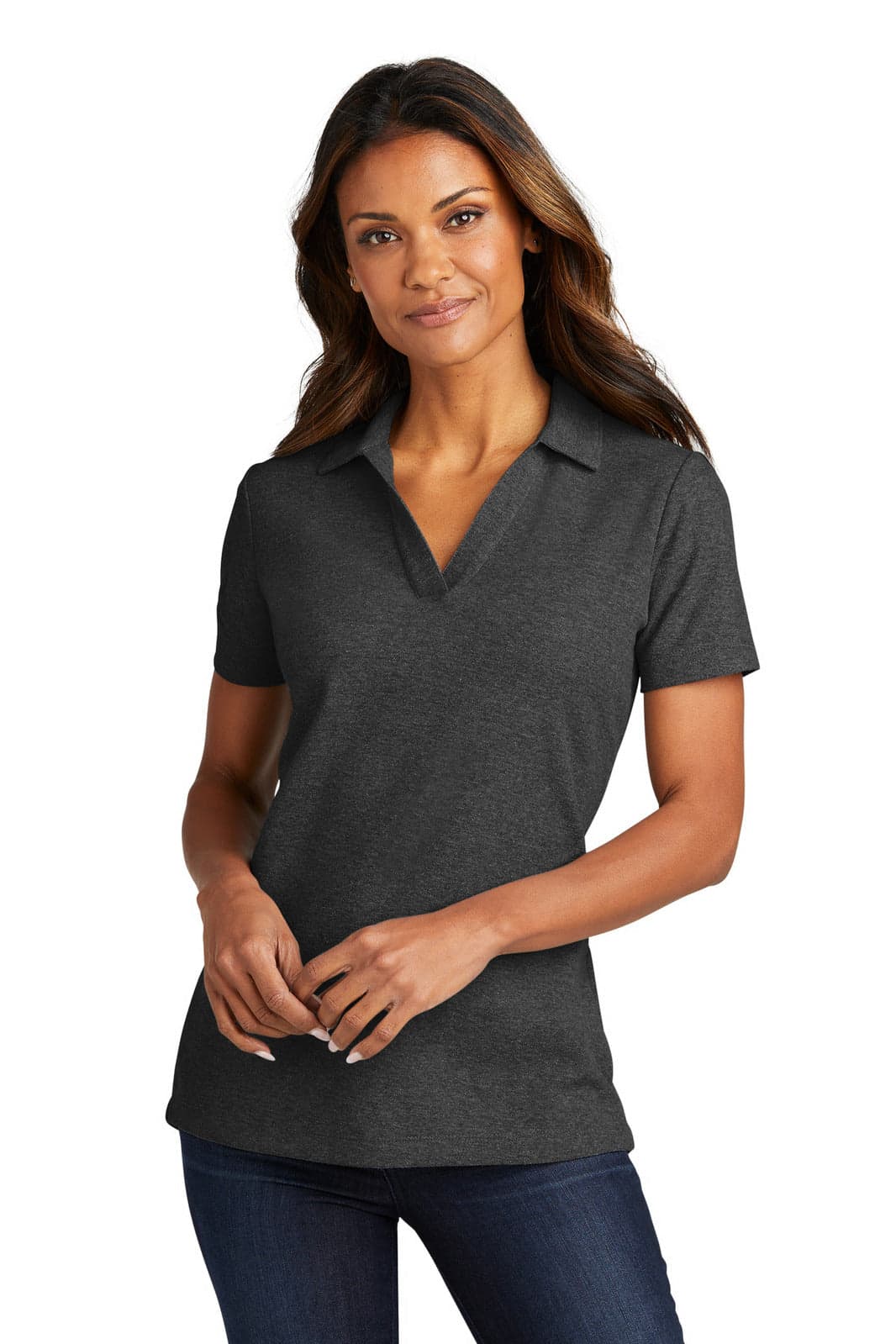 A dark grey women's polo shirt with a collar and short sleeves, featuring a logo on the chest.