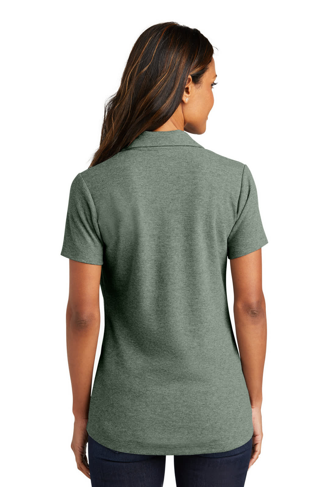 A woman is pictured from the back wearing a green polo shirt. The shirt has a logo on it.