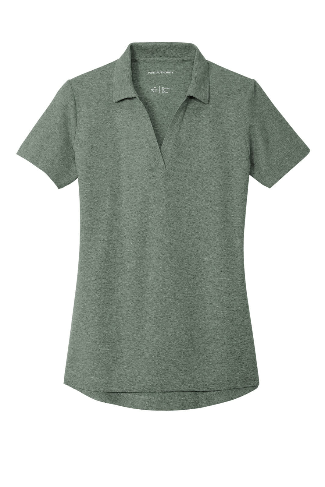 A green ladies' polo shirt with a collar and short sleeves, featuring a logo.