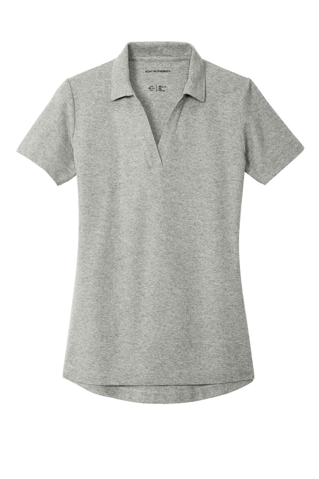 A grey polo shirt with a collared neckline and short sleeves. It features a branding logo.