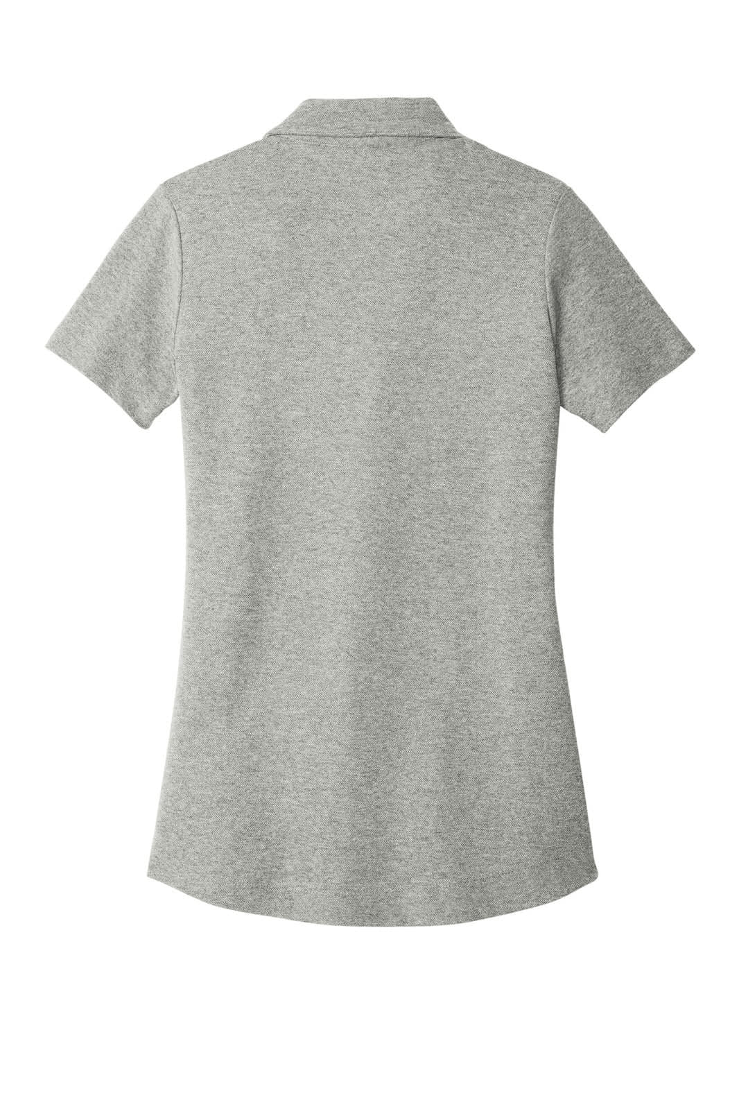 A grey polo shirt with a fitted design and short sleeves, featuring a collar and a logo.