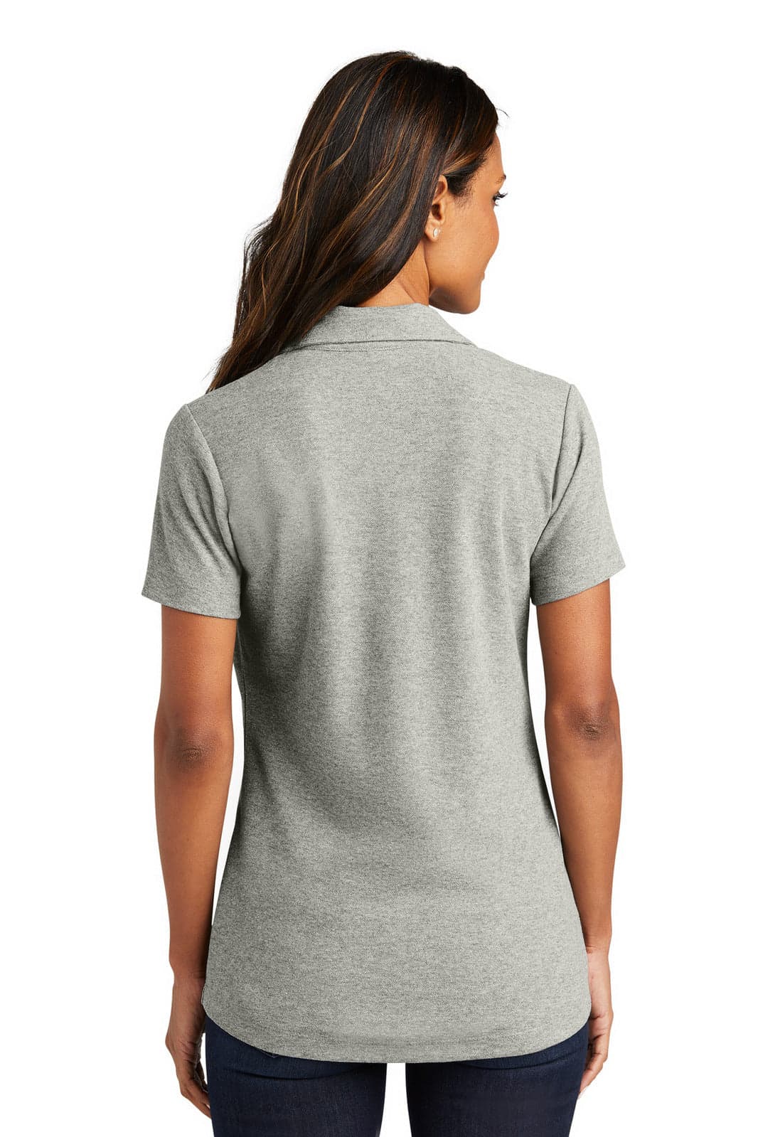 A grey polo shirt with a back view, featuring a short sleeve design and a branding logo.
