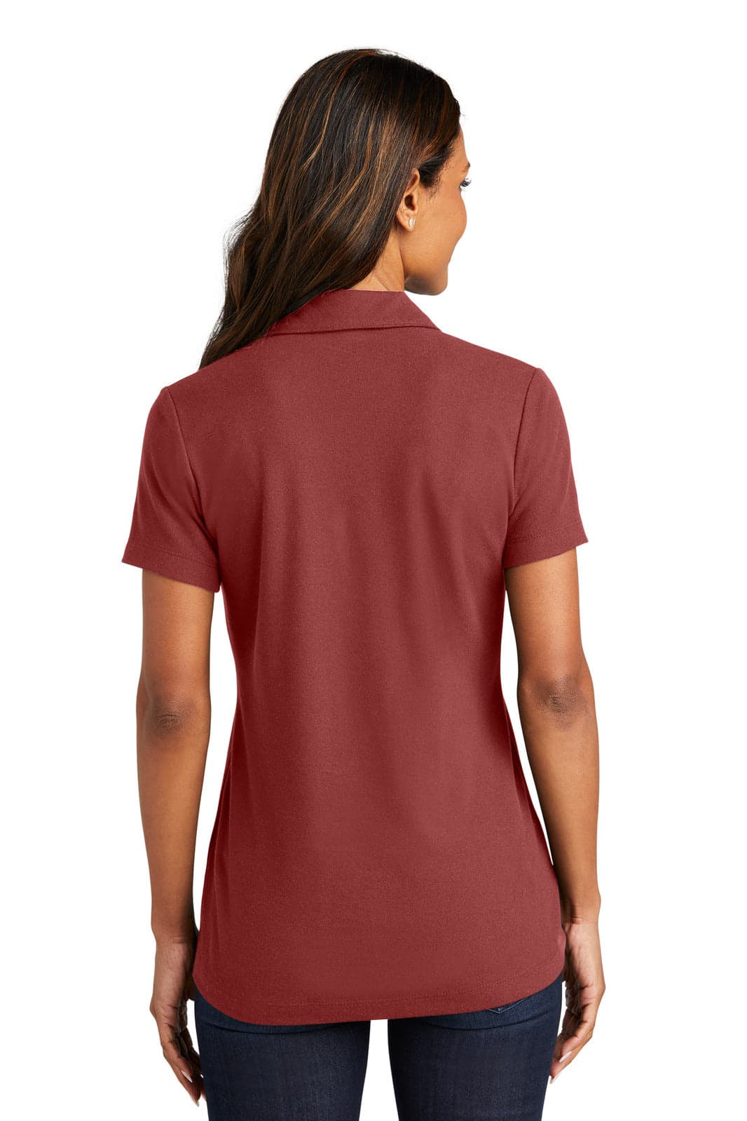 A ladies' polo shirt in a rich maroon colour, featuring a back view and a subtle logo.