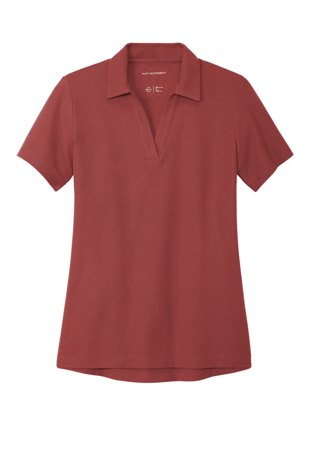 A ladies' short-sleeve polo shirt in a muted red hue, featuring a collar and a logo.