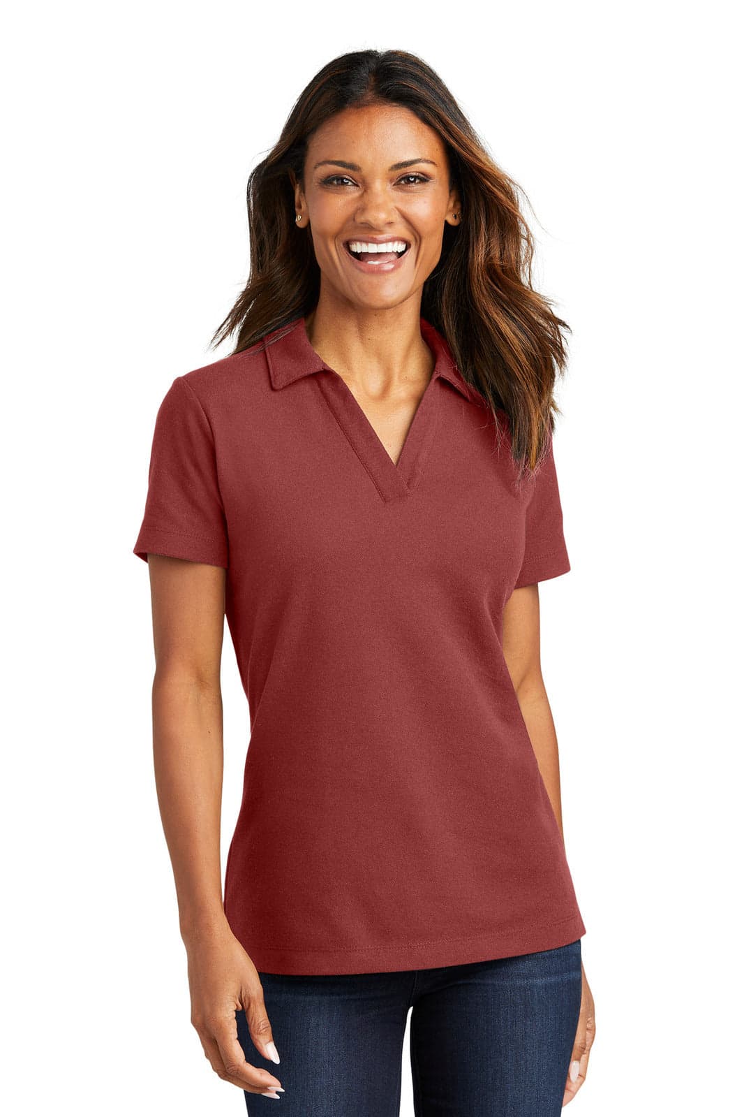 A maroon ladies' polo shirt featuring a collar and short sleeves, made from a cotton blend, with a logo present.