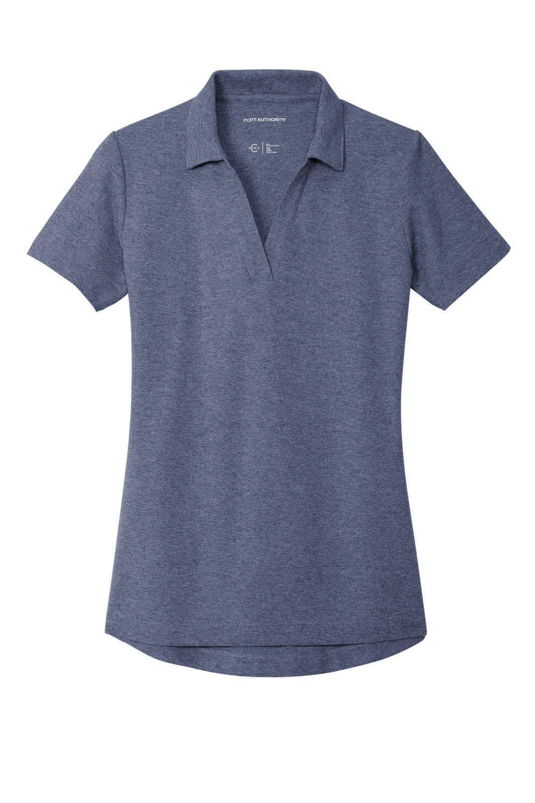 A navy blue ladies' polo shirt made of cotton blend pique, featuring a collar and short sleeves.