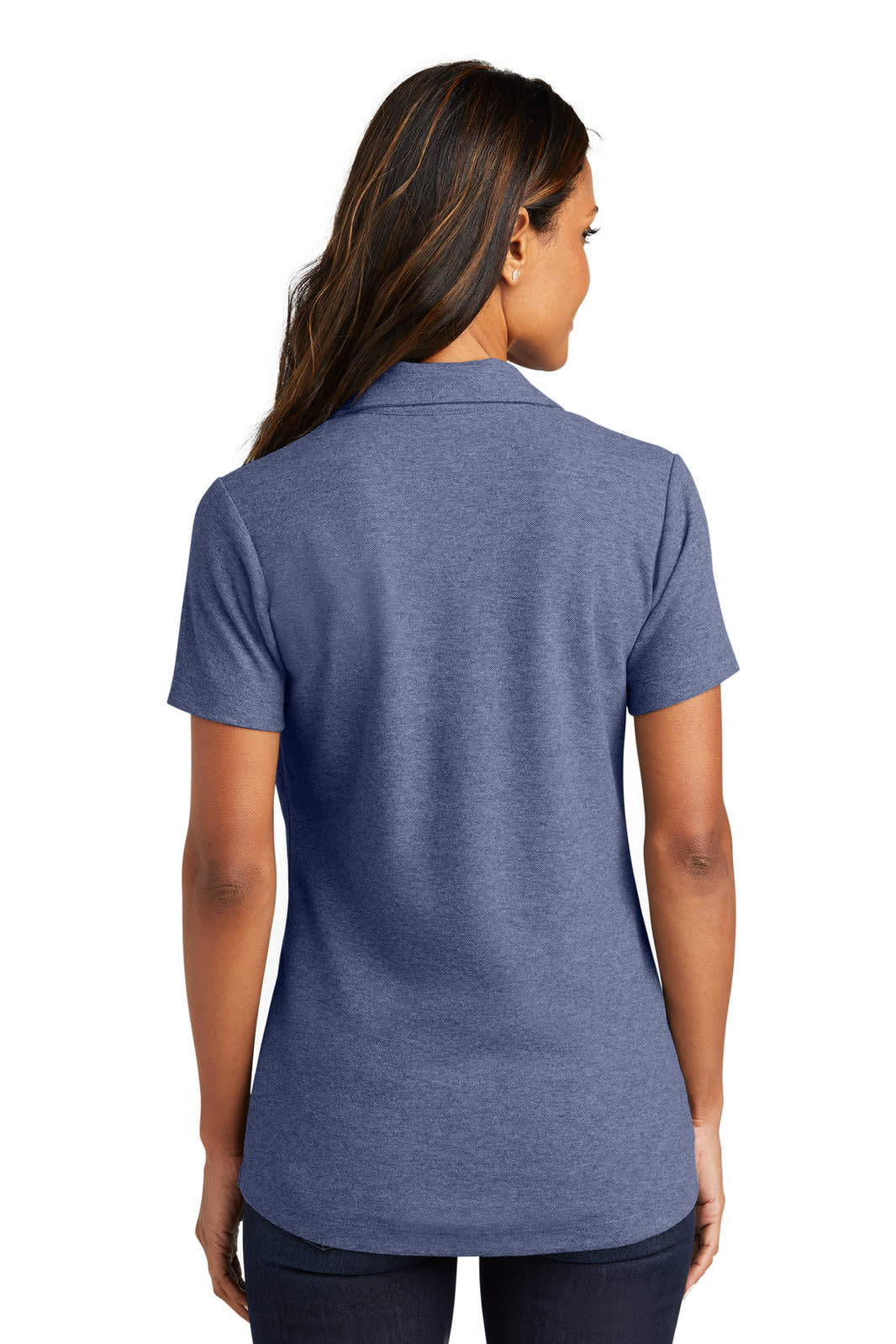 A back view of a women's navy C-FREE cotton blend pique polo shirt, featuring short sleeves and a logo.