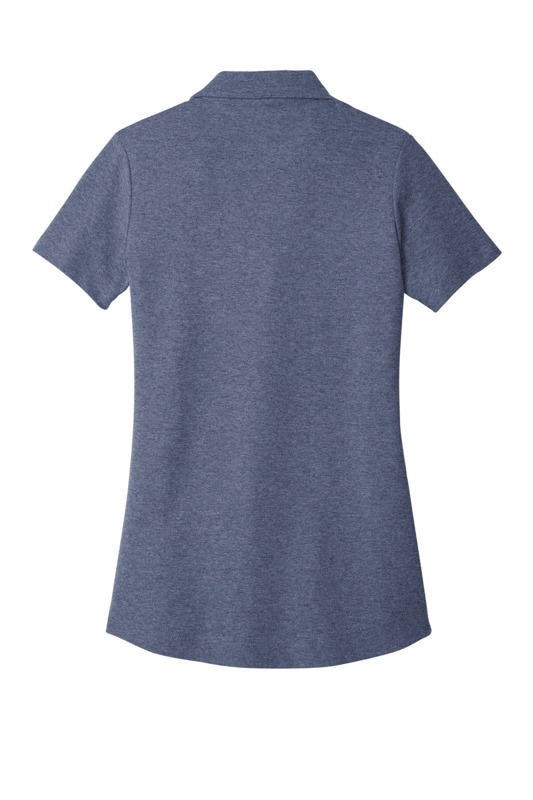 A navy blue ladies' polo shirt with a short sleeve and a collar, featuring a logo on the back.
