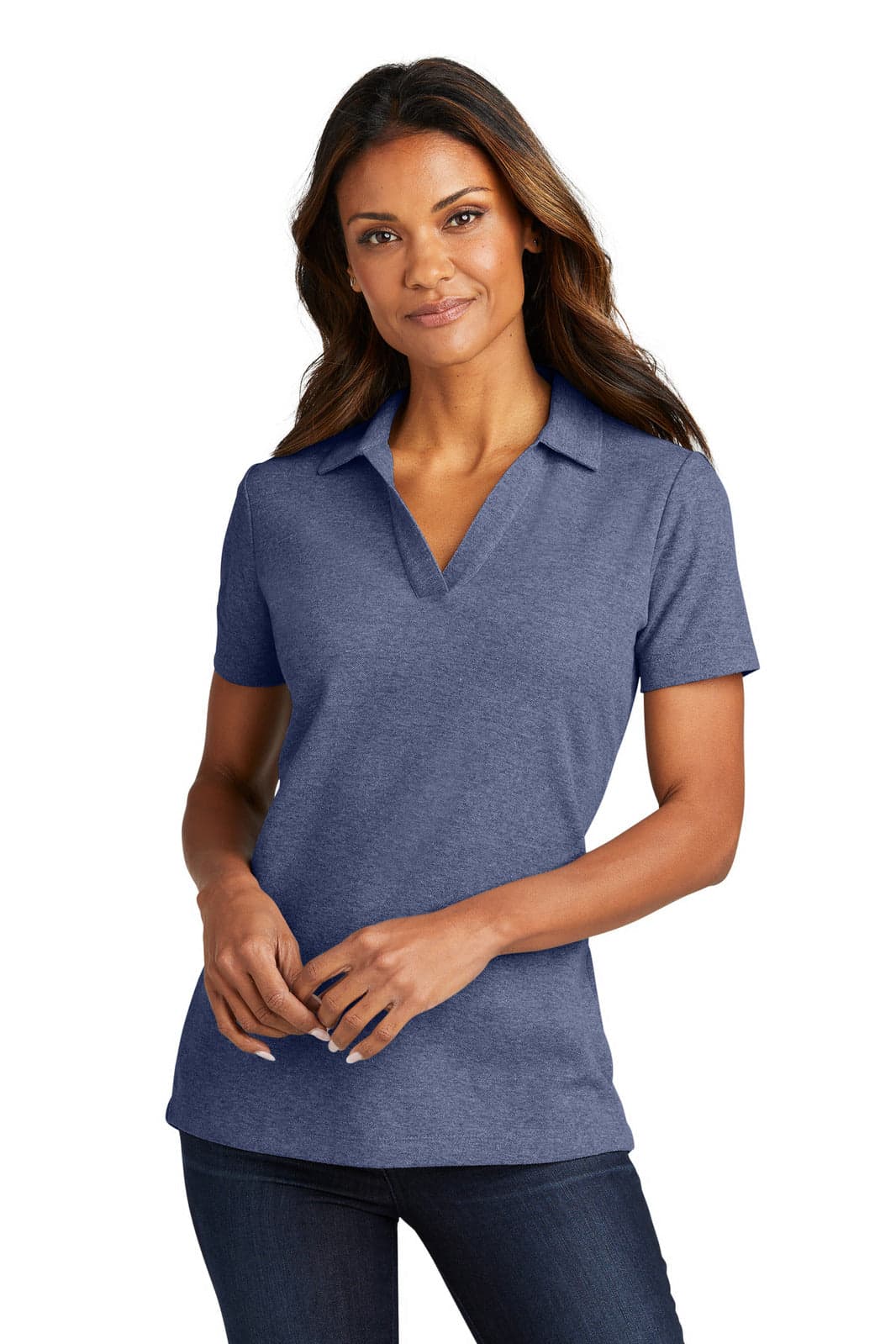 A navy blue ladies' polo shirt made from cotton blend pique, featuring a collar and short sleeves.
