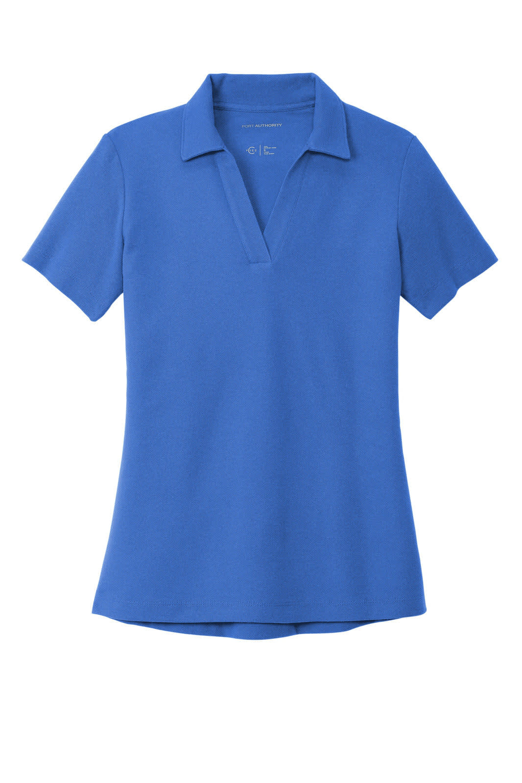 A blue polo shirt with a short sleeve design and a collar, featuring a logo on the chest area.