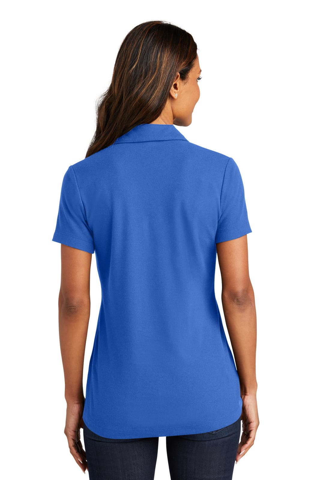 A blue ladies' polo shirt featuring a collar and short sleeves, viewed from the back. It has a logo on the upper back.