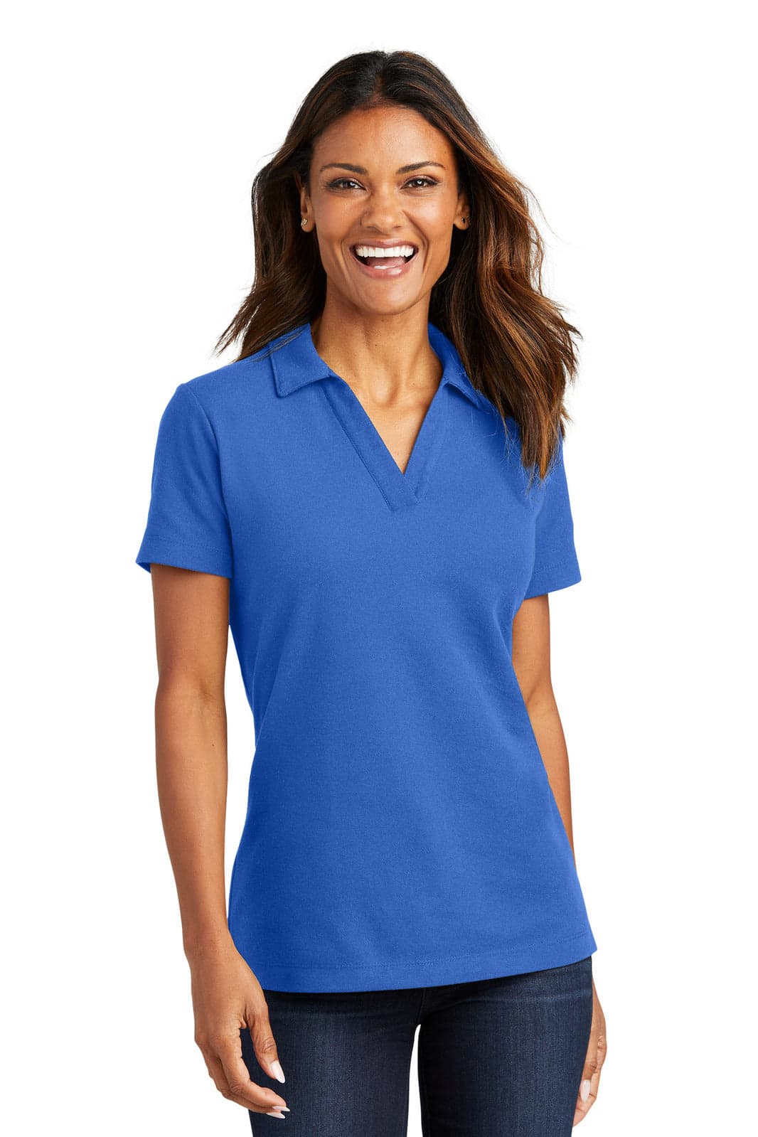 A blue women's polo shirt with a v-neck collar, featuring a logo. Ideal for casual wear.
