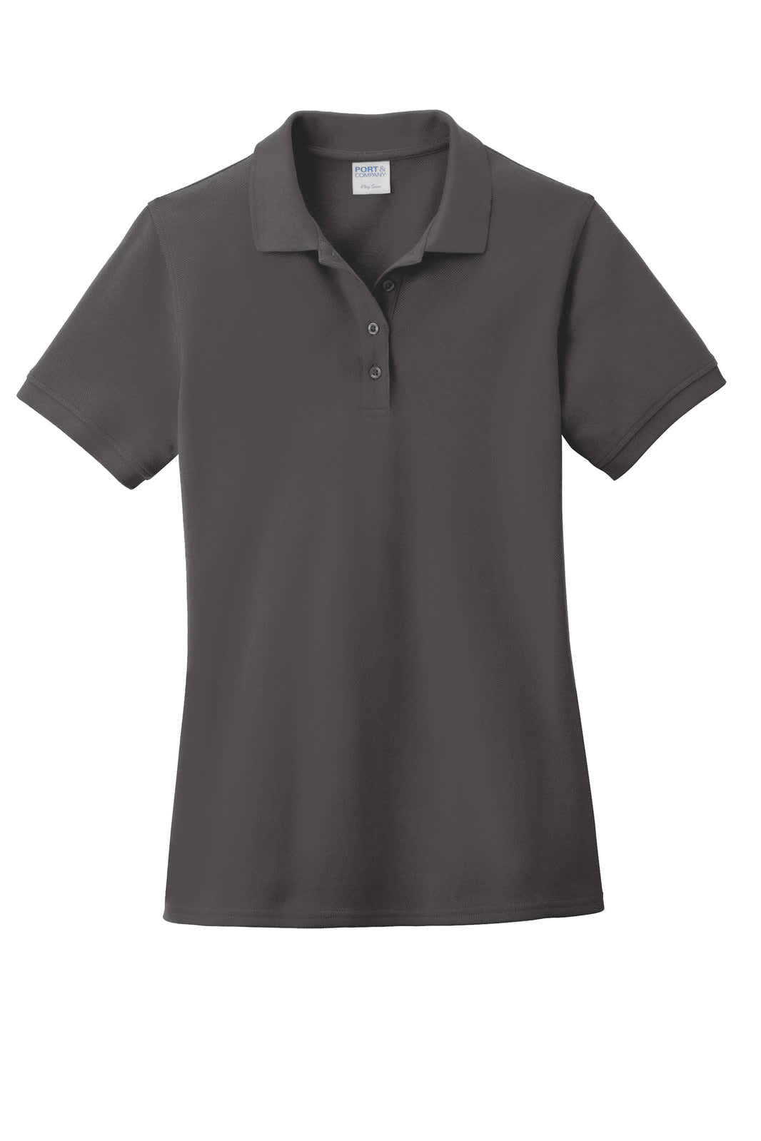 A grey ladies' polo shirt made from ring spun pique fabric, featuring a collar and button placket.