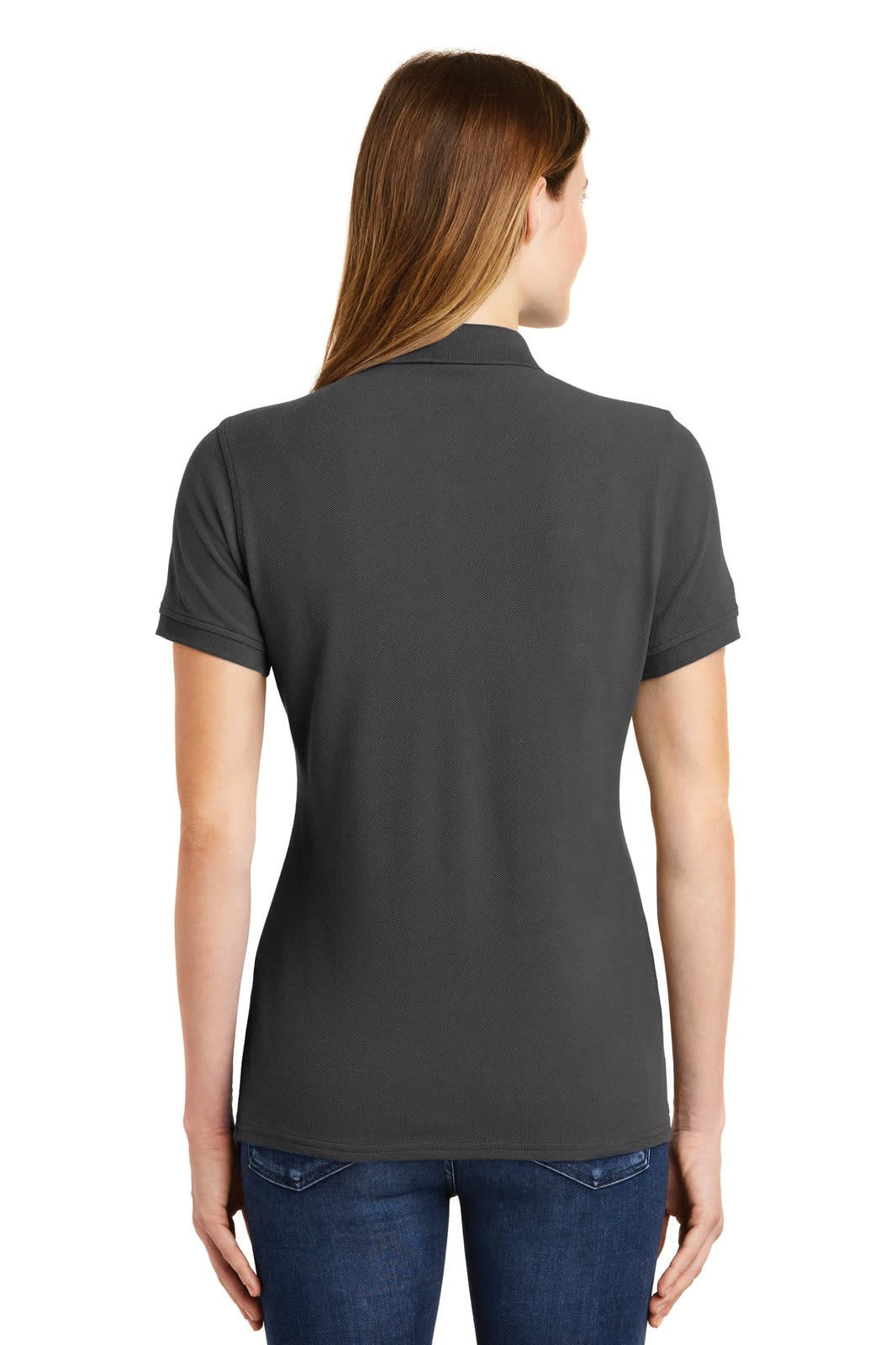 A women's charcoal grey polo shirt with a classic fit, featuring a collar and short sleeves, and a logo on the back.