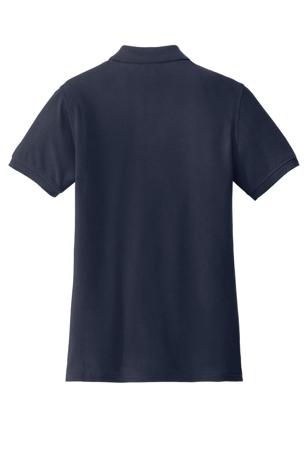 A navy polo shirt with a classic collar and short sleeves, featuring a logo on the side.