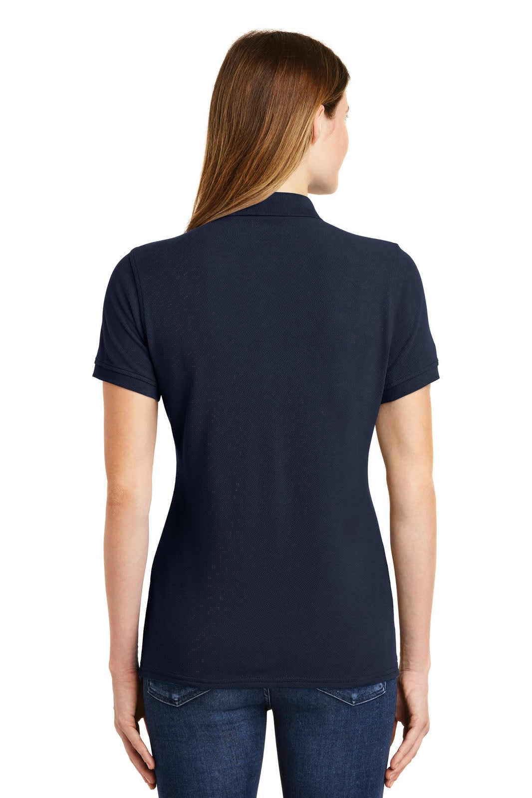 A navy blue ladies' polo shirt with short sleeves, featuring a logo on the back.