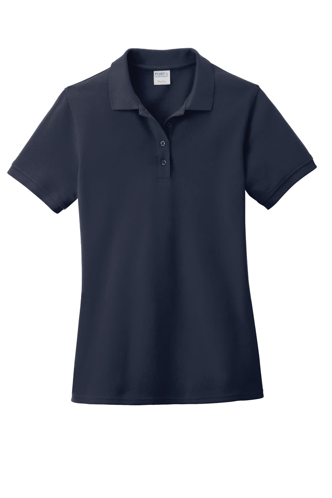 A ladies' navy blue polo shirt with a collar and three buttons, featuring a logo on the chest.
