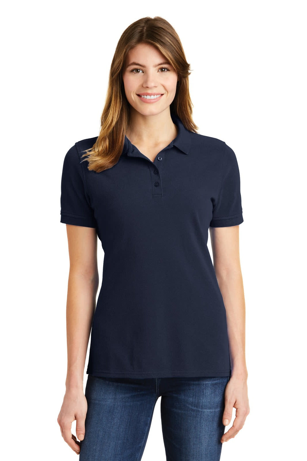 A navy blue ladies polo shirt with a collar and short sleeves, featuring a logo.